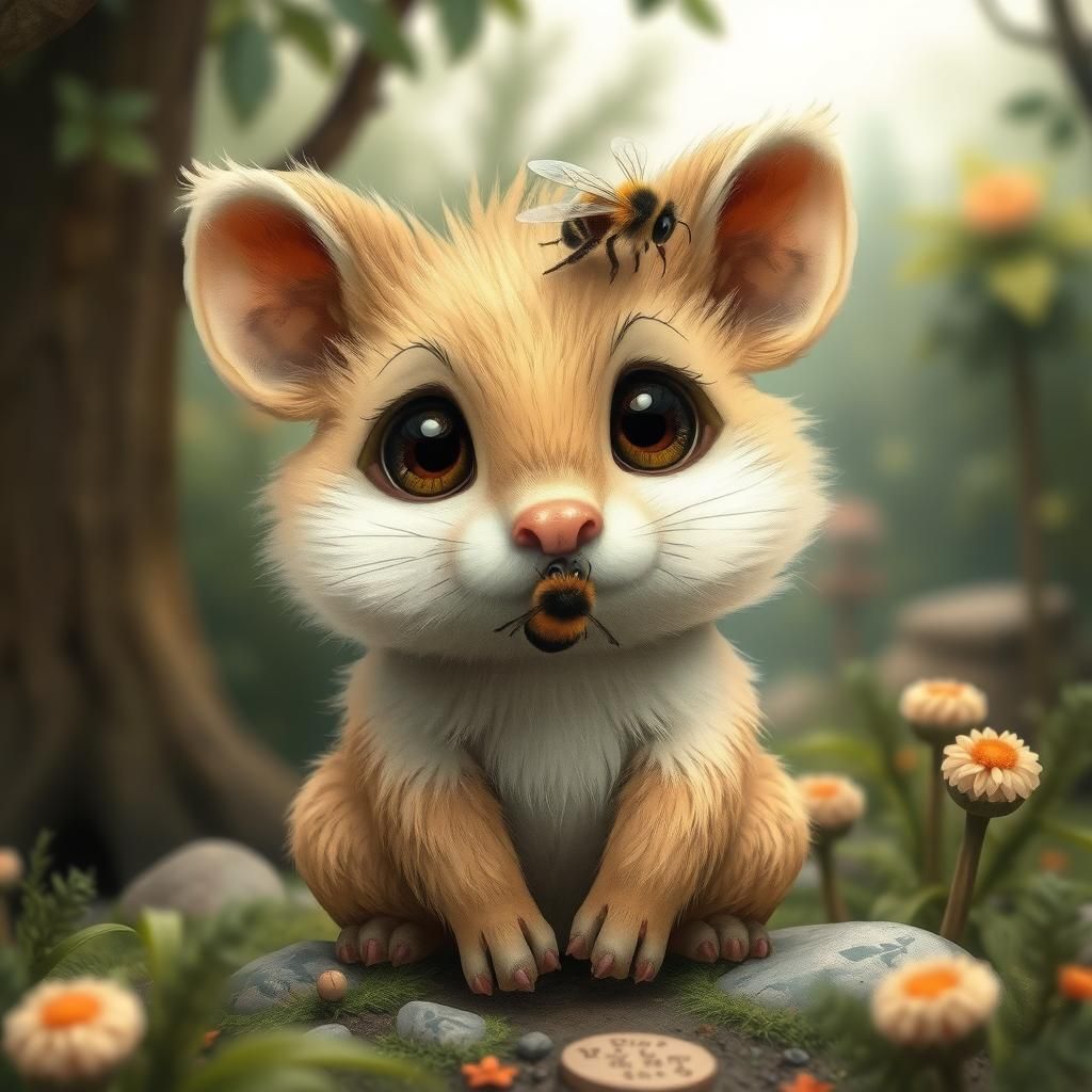 Enchanting Creature with Bumblebee, Whimsical Forest Scene