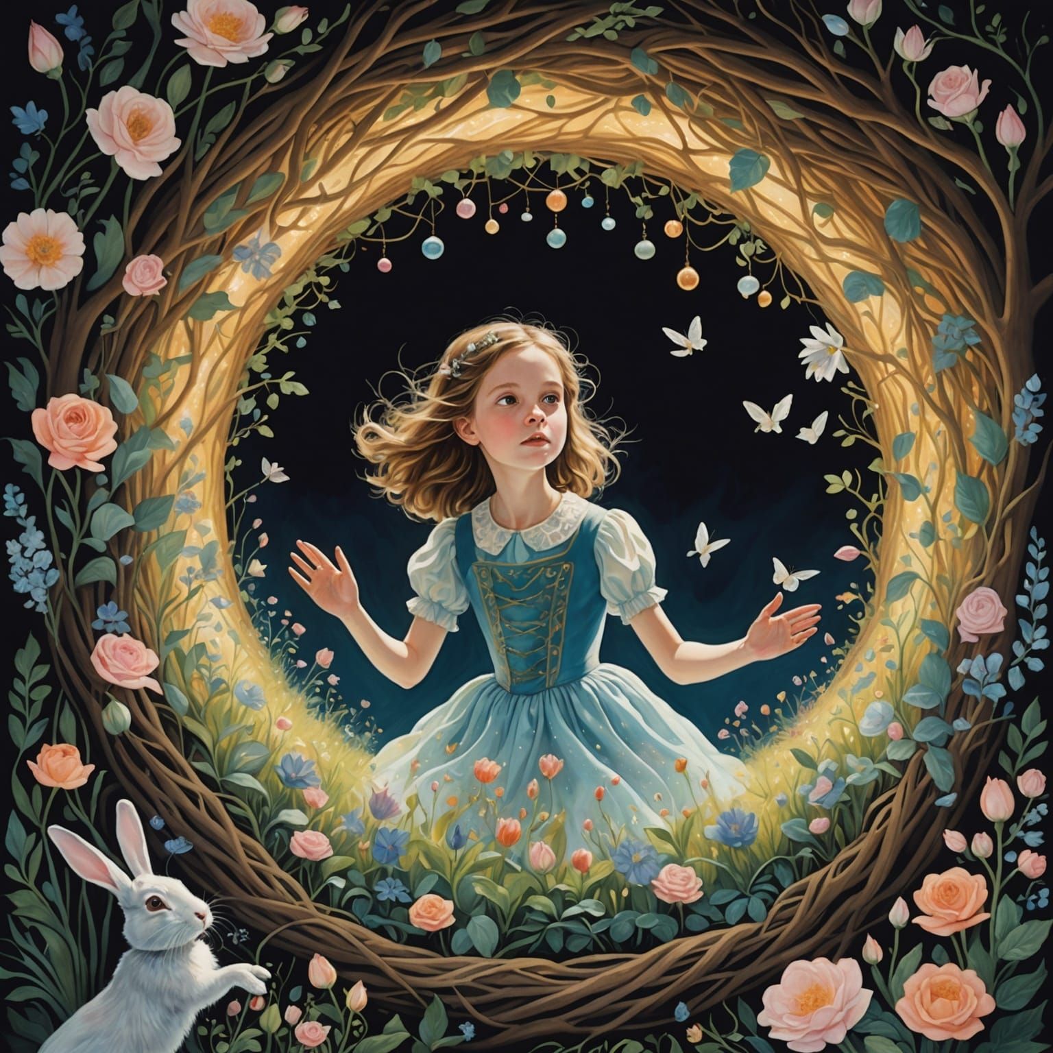 Girl's Dreamlike Descent into Rabbit Hole: Gouache Art