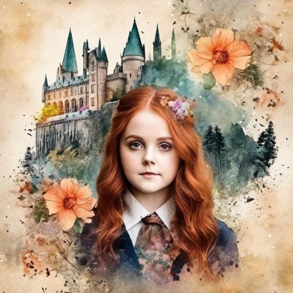 Floral Hogwarts Witch Double Exposure Watercolor