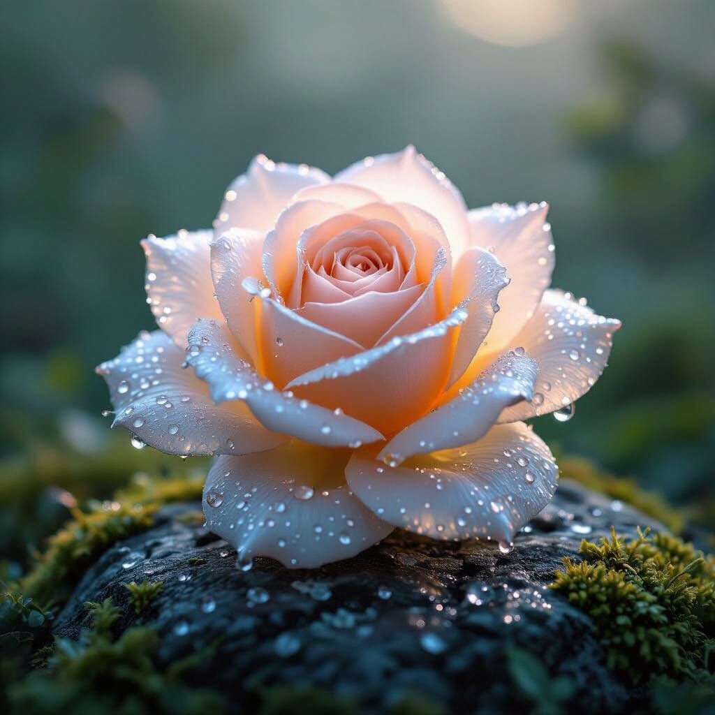 Luminescent Spider Silk Rose with Dewdrops in Enchanted Gard...