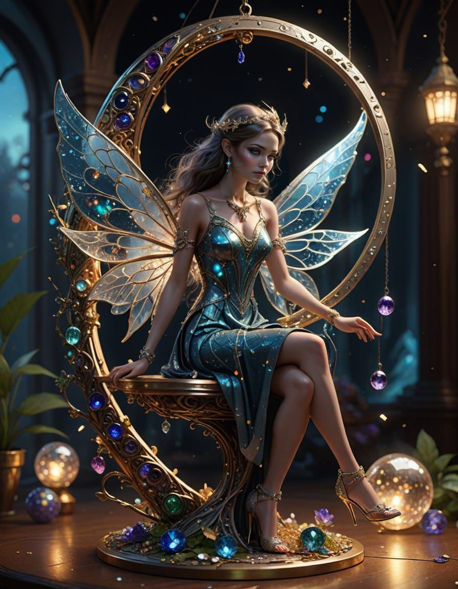 Fairy on Moon Swing in Space, Digital Art