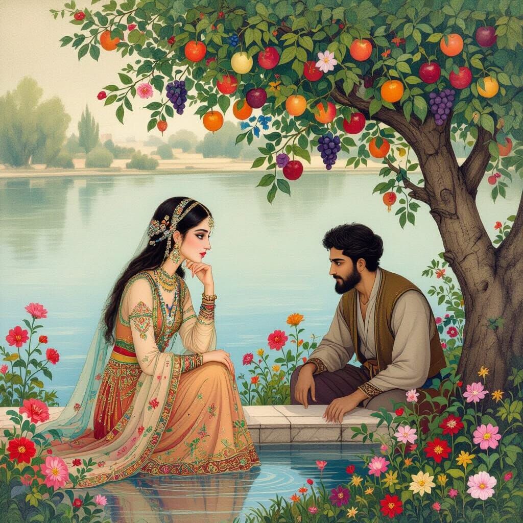 Persian Miniature of Woman and Hidden Man