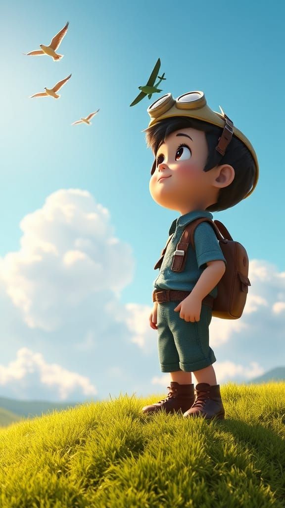 Boy Aviator Gazing Skyward: 3D Digital Art