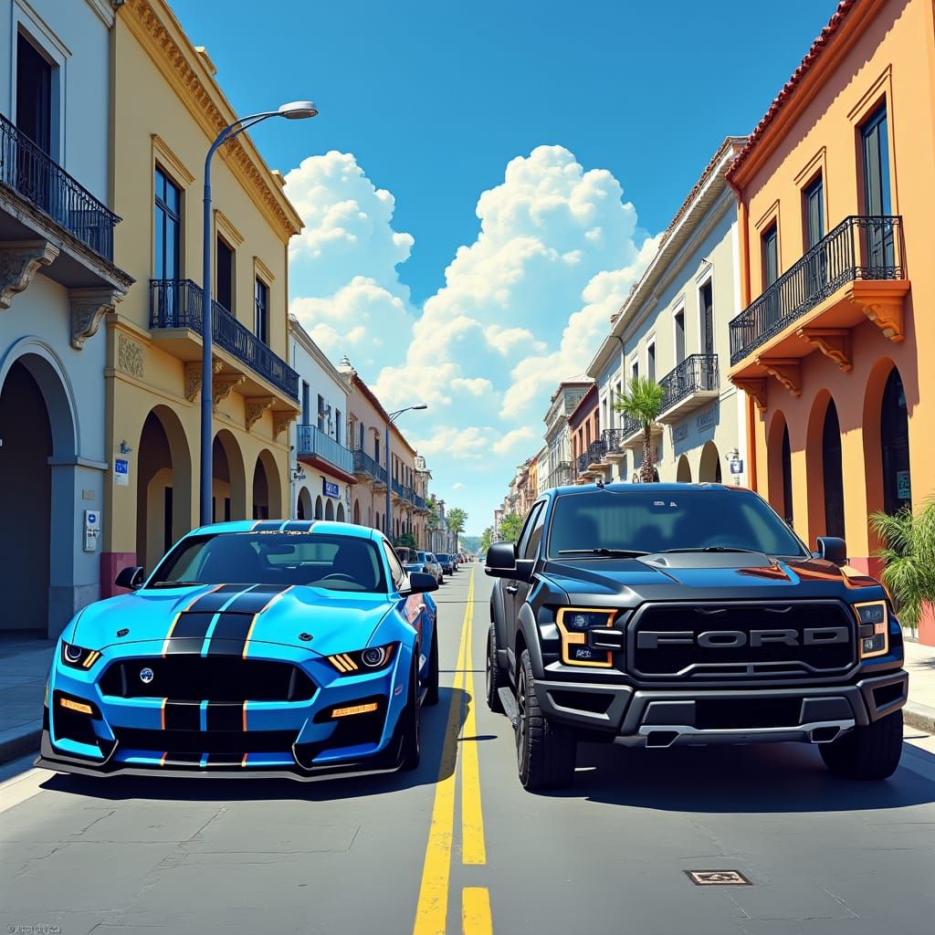 Ford Mustang and Raptor in Guadalajara, Photorealistic
