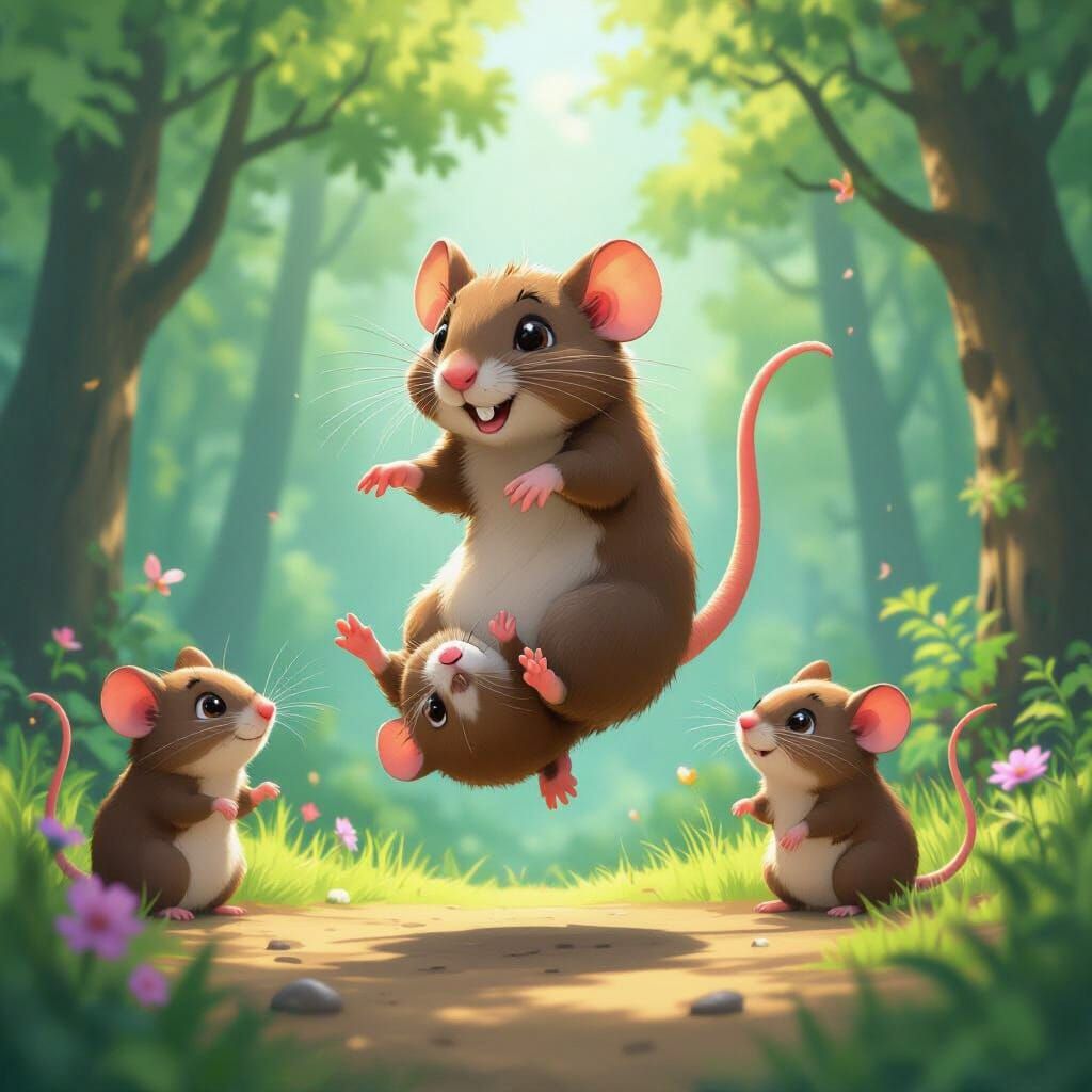 Brown Rat Backflips in Vibrant Forest with Friends