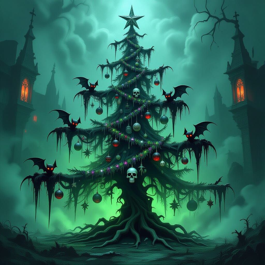 Gothic Horror Skeletal Christmas Tree with Bone Ornaments