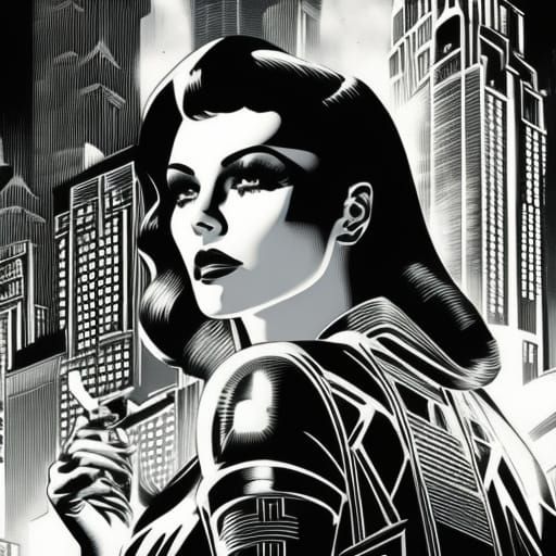 Cigarette Noir: Dark-Haired Woman in Futuristic City