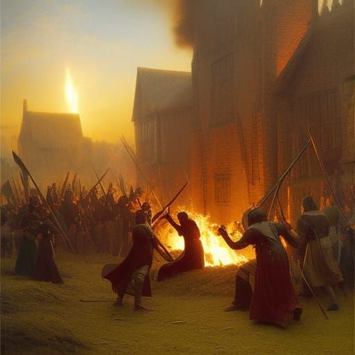 Medieval Knights Burning Village in Historical Style
