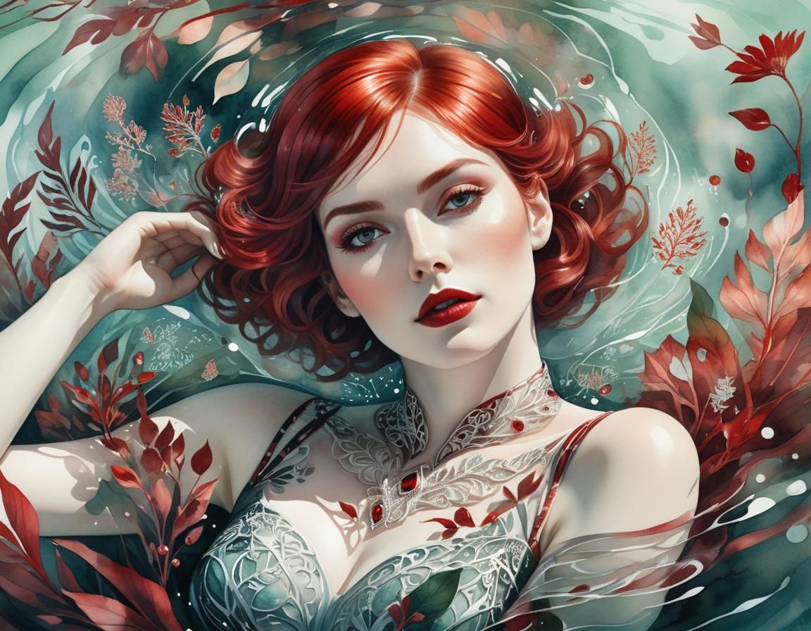 Surreal Woman in Water: Watercolor and Ink Illustration