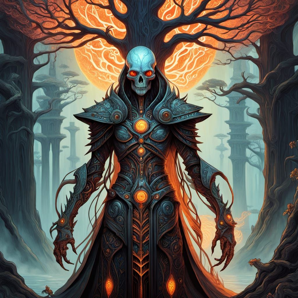 Techno-Shaman and Biomechanical Tree in Surreal Style