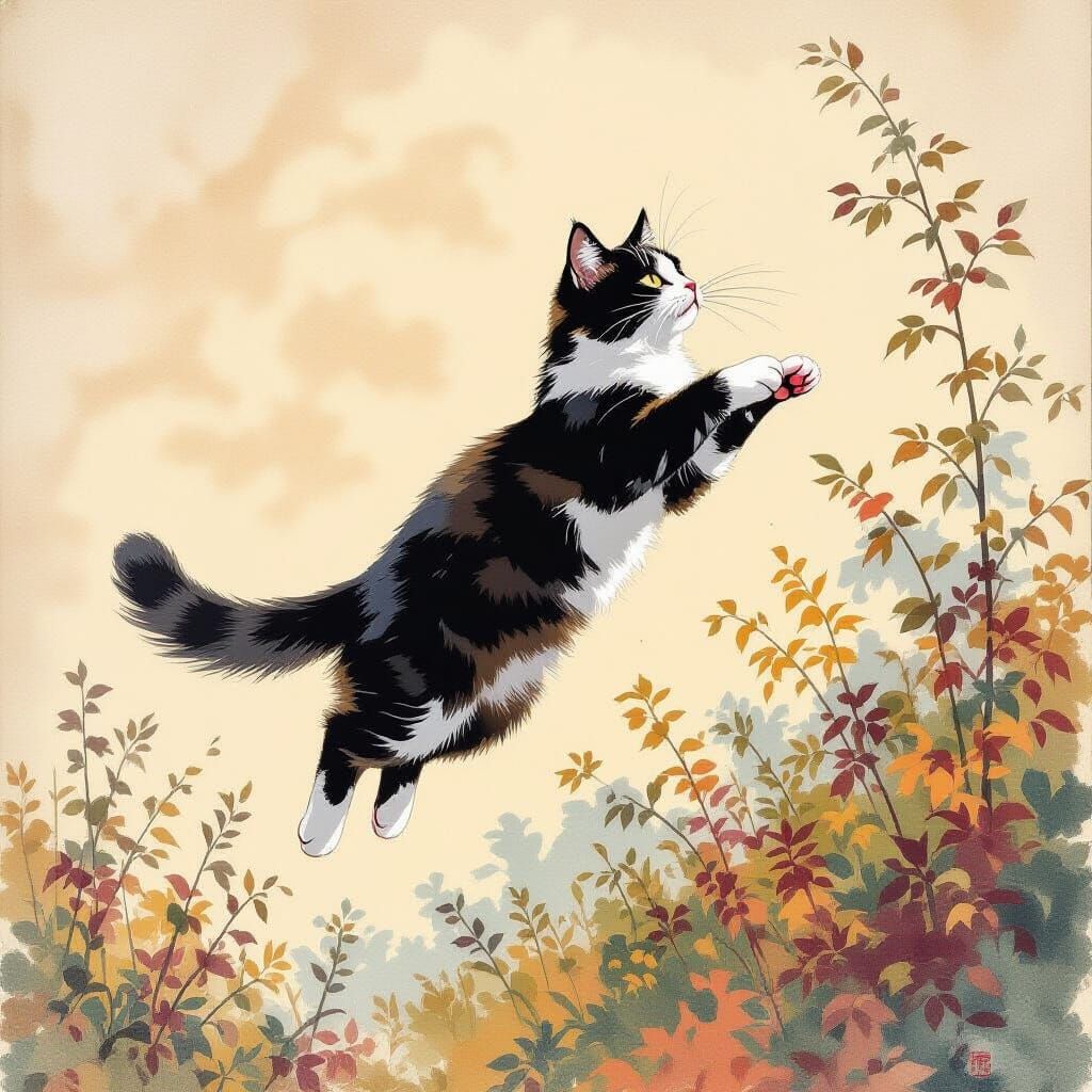 Cat Mid-Air: Gouache Impressionist Masterpiece
