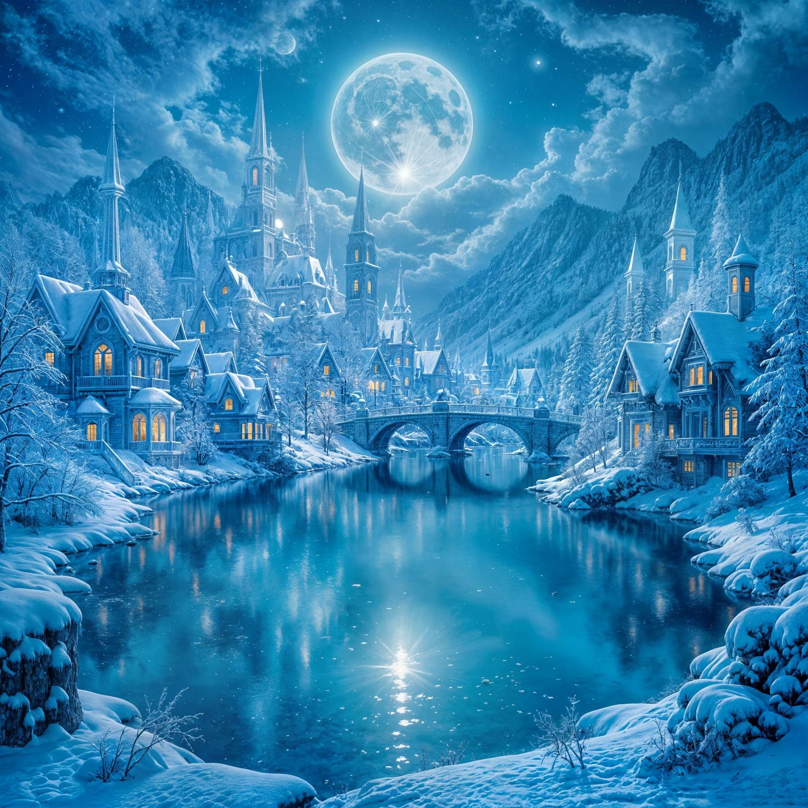 Crystal City Under Blue Moon With Snow and Icy Lake