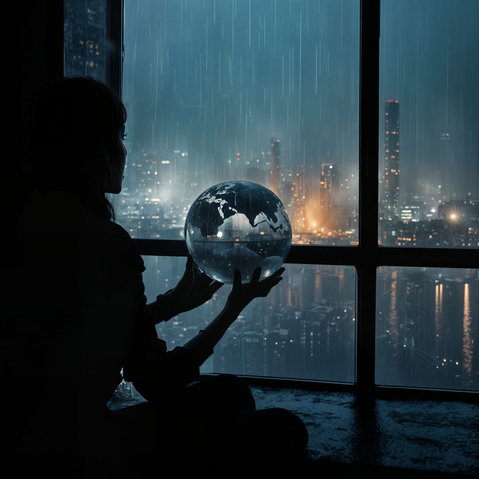 Rainy Night Scene with Woman and Dark Globe