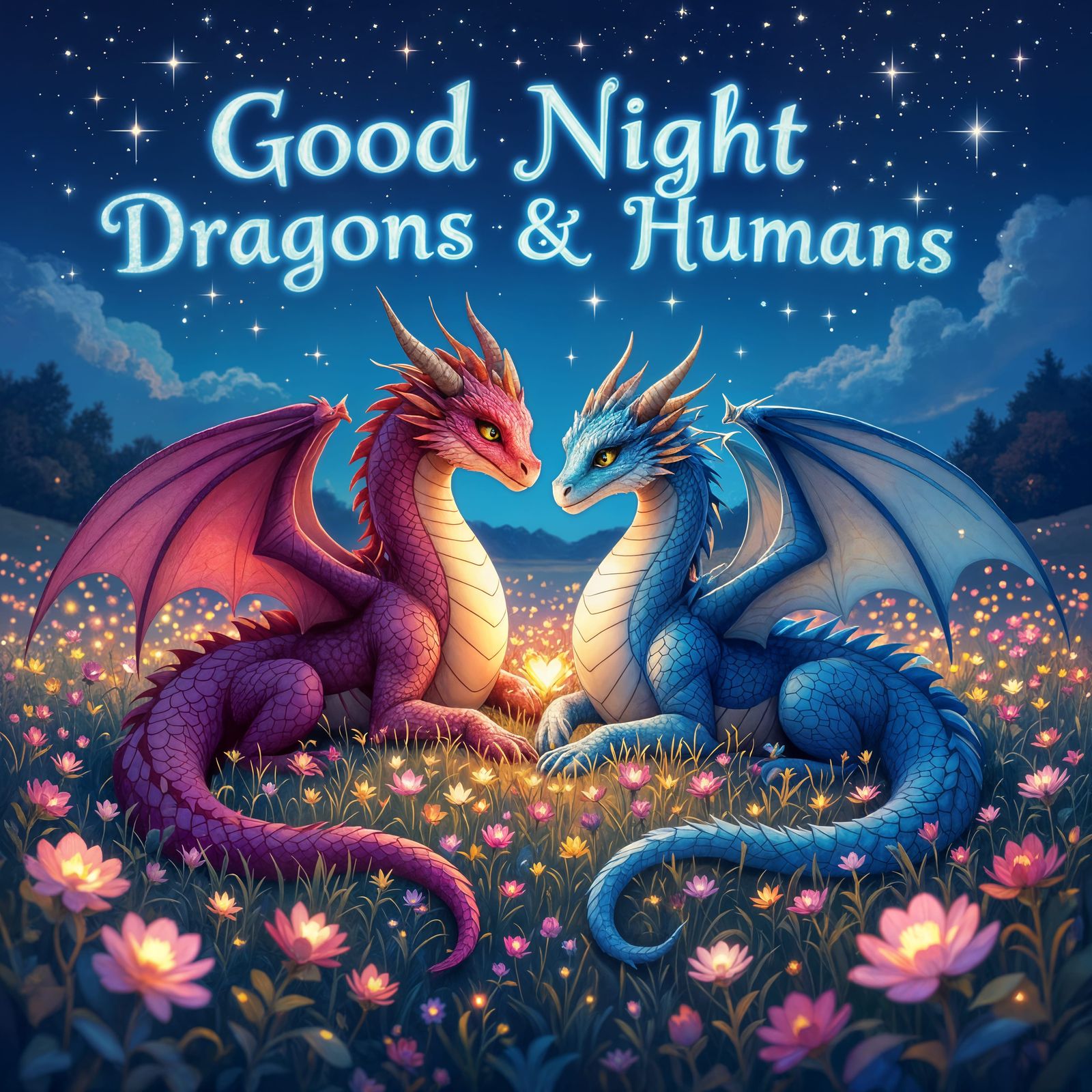 Magenta and Azure Dragons Under Twinkling Stars