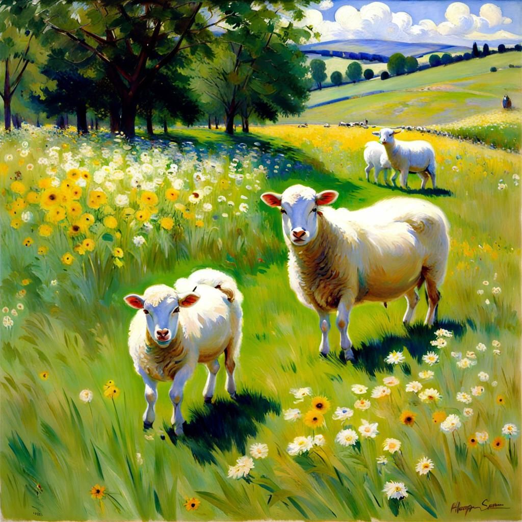Sheep in Summer Meadow as Impressionist Painting