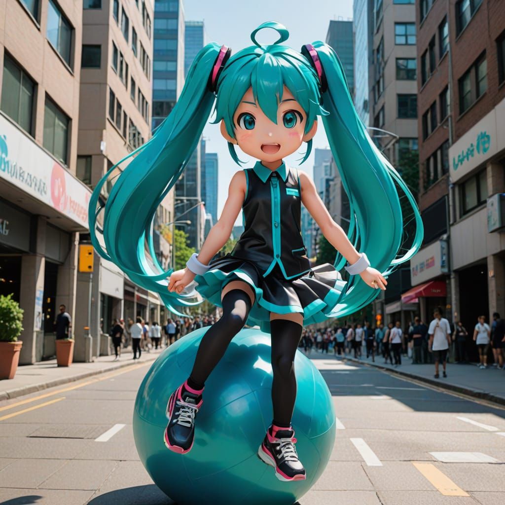 Hatsune Miku Leaps on a Rebounder in Urban Landscape