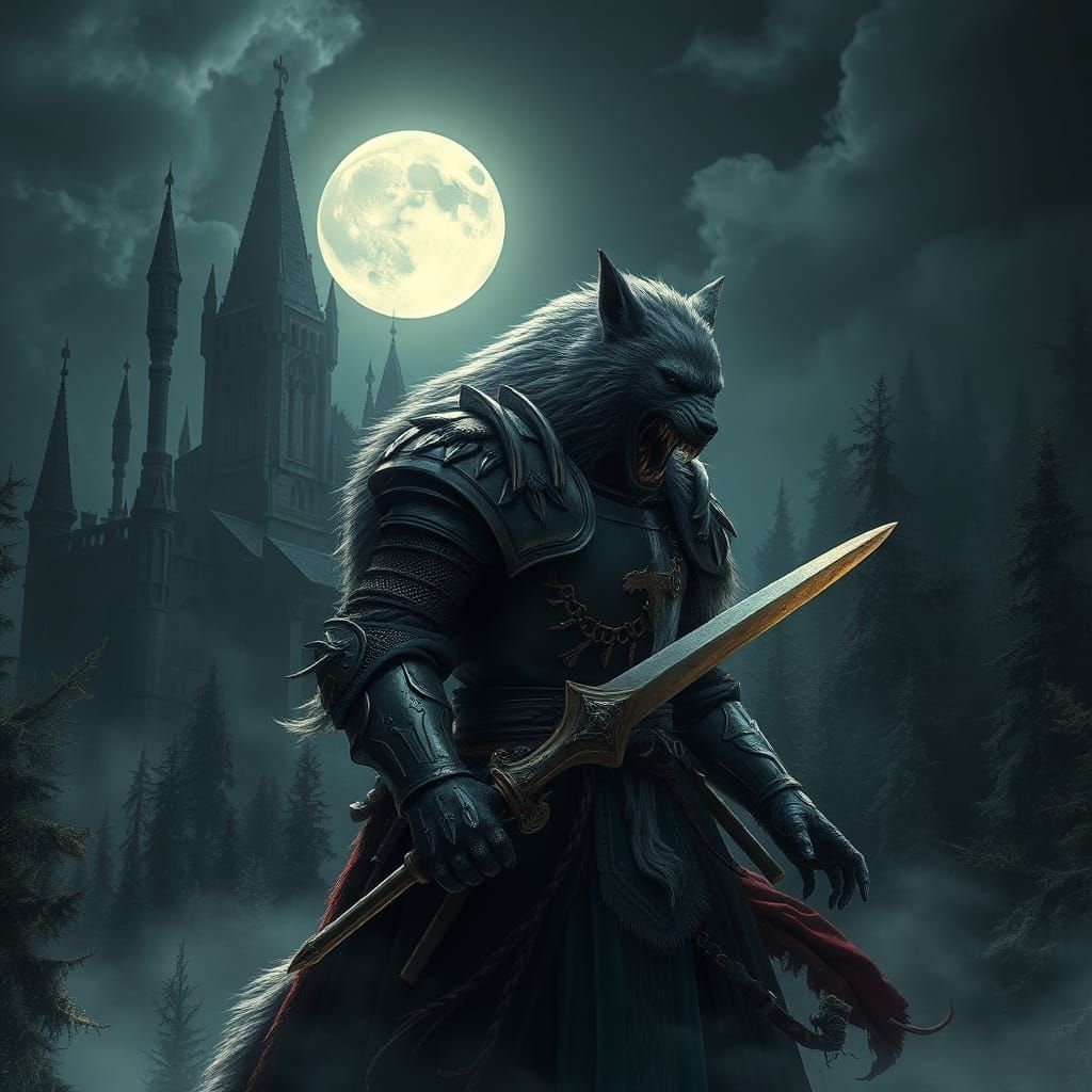 Knight's Werewolf Transformation in Dark Fantasy Style