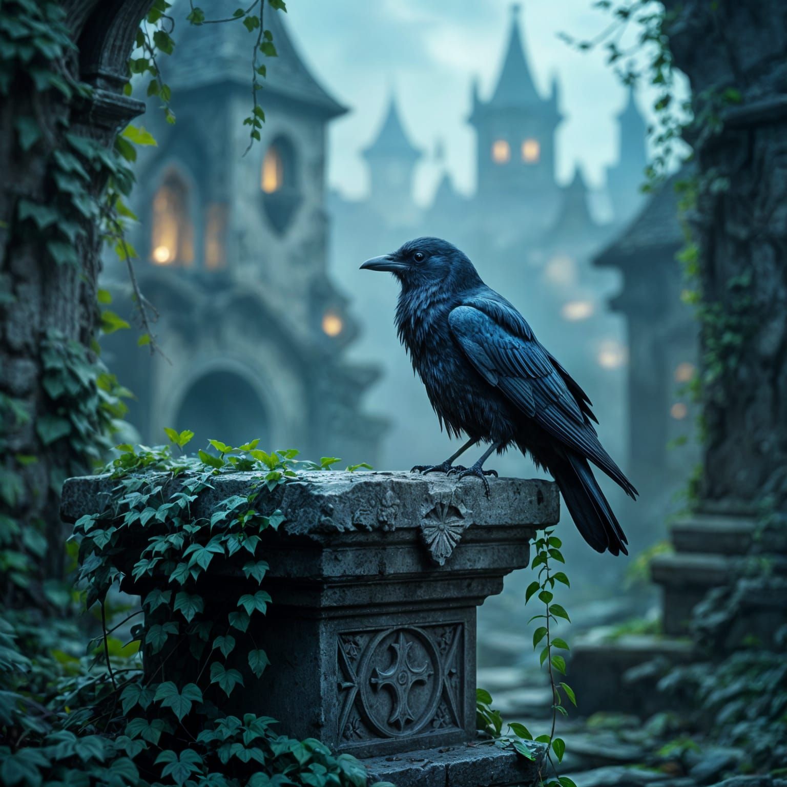 Solitary Crow on Ancient Altar in Twilight City