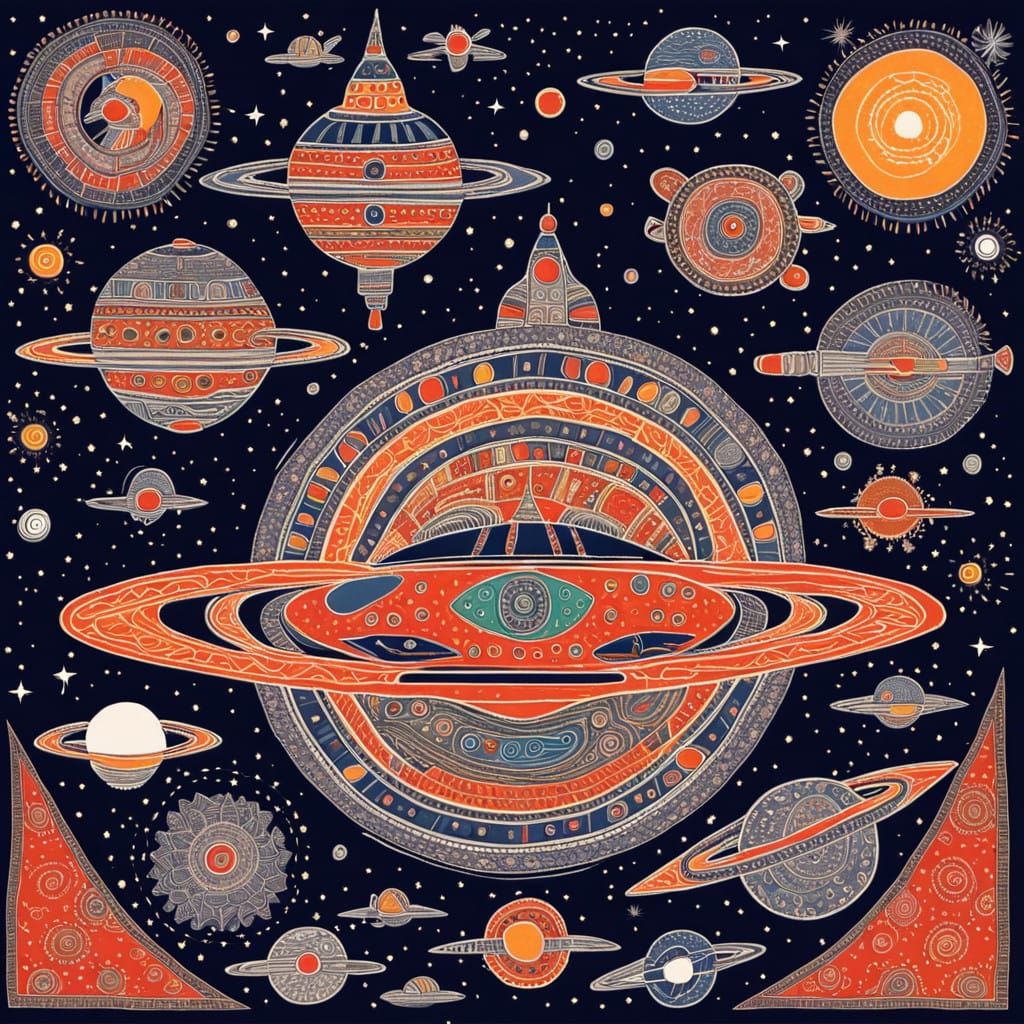 Cosmic Battle in Vibrant Madhubani Style