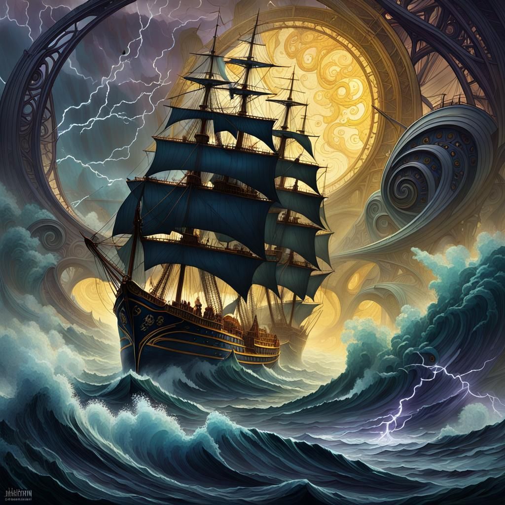 Warships Battle Stormy Seas in Dark Fantasy Art