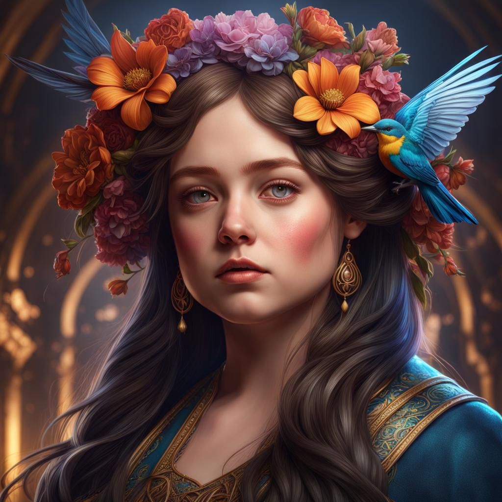 Girl with Songbirds Portrait in Art Nouveau Style