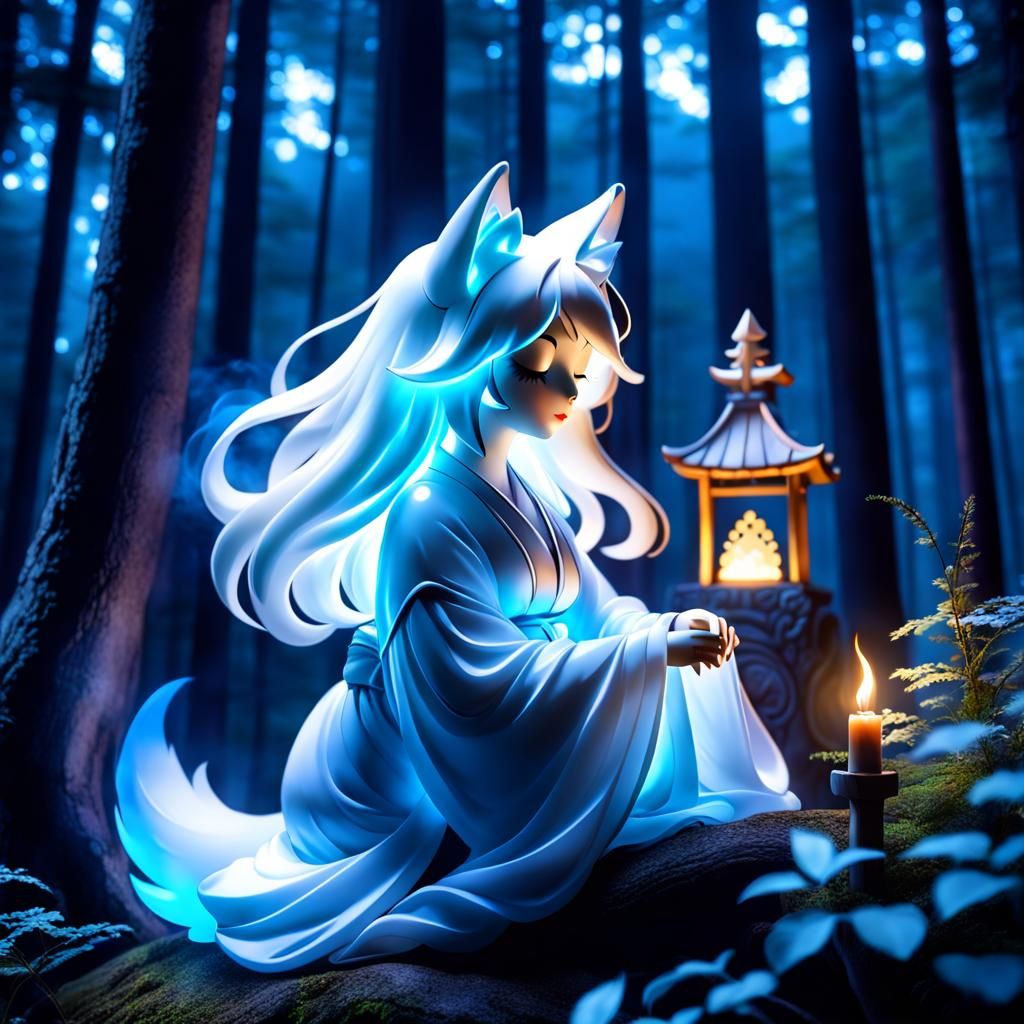 Ethereal Kitsune Mirage Sleeping by Forest Shrine