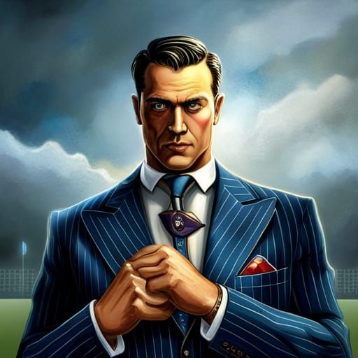 Man in Suit on Football Field, Horror Illustration