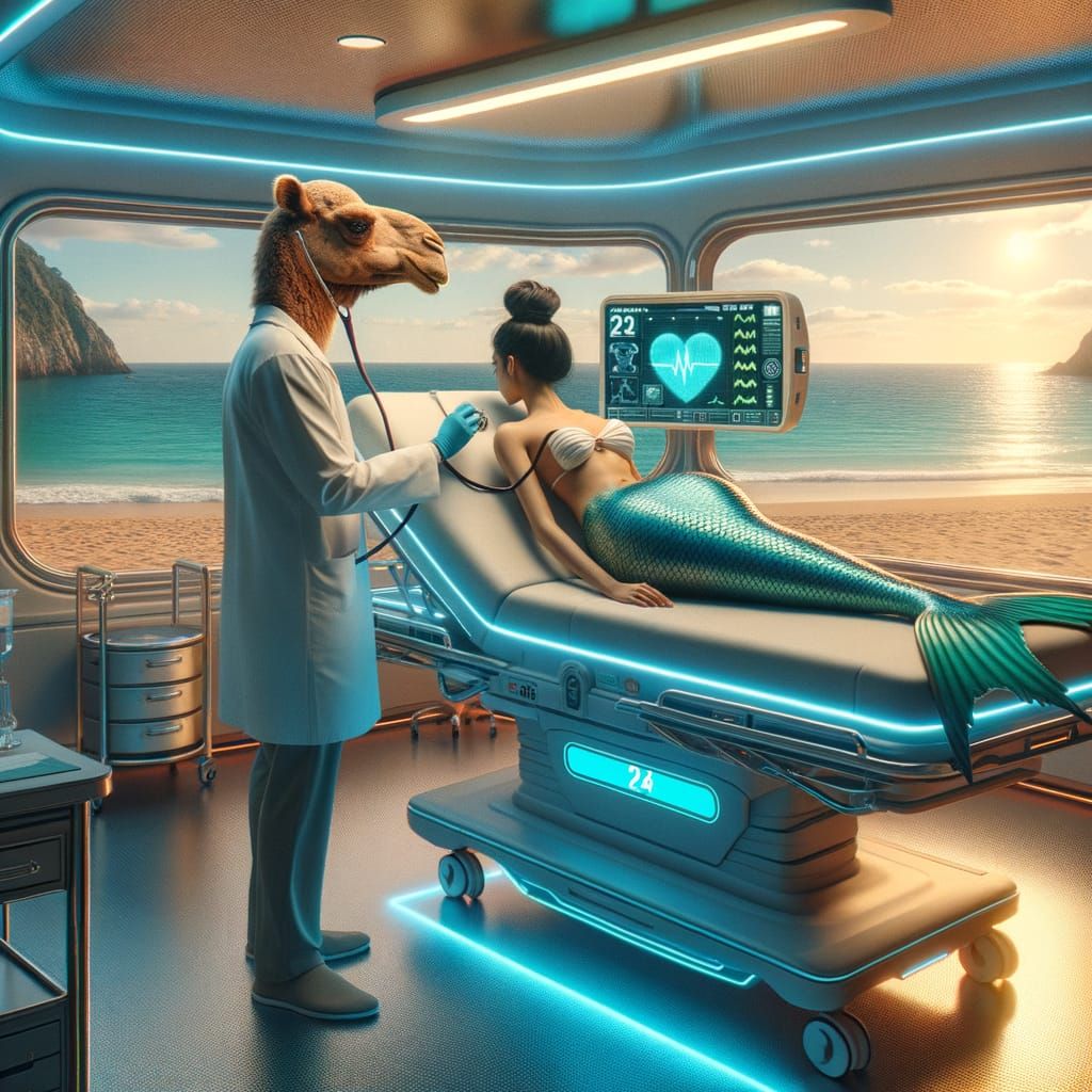 Mermaid Treated by Camel Doctor in Futuristic Hospital