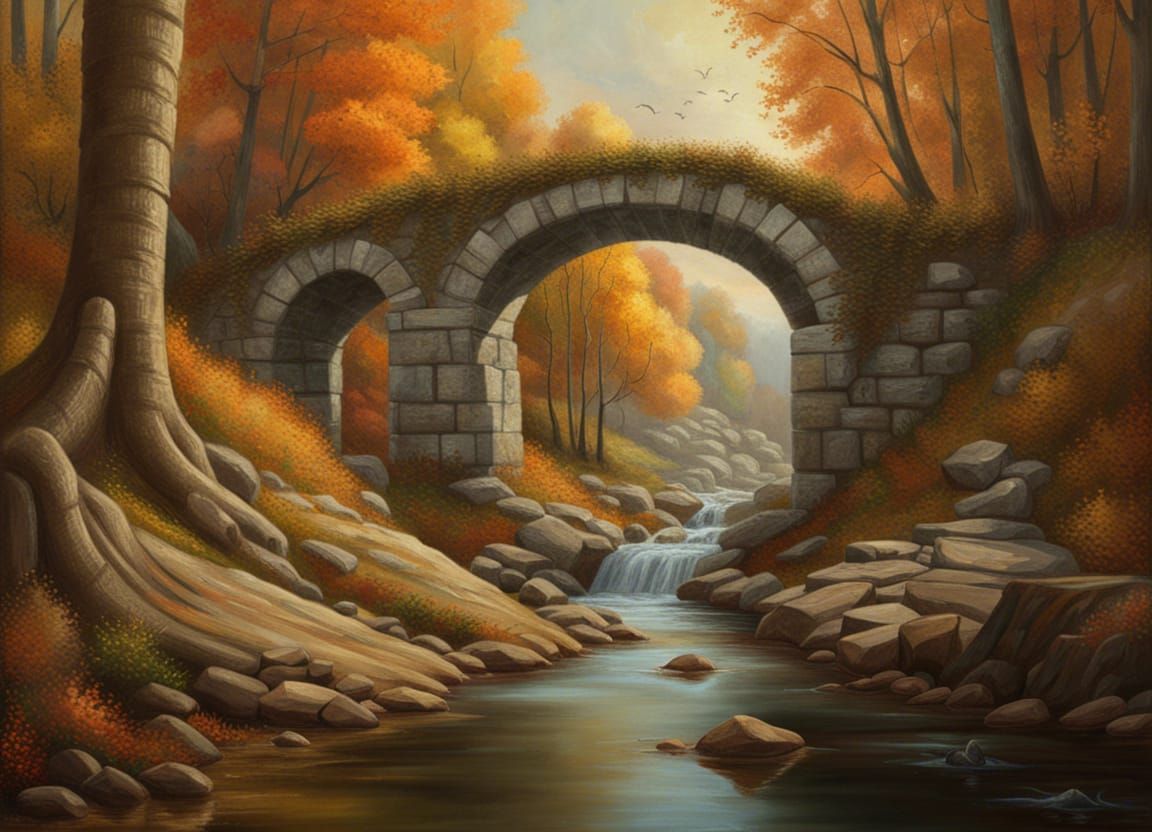 Picturesque Stone Arches over River in Autumnal Landscape