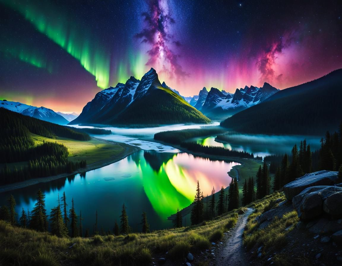 Aurora Borealis Over Majestic Mountain Valley