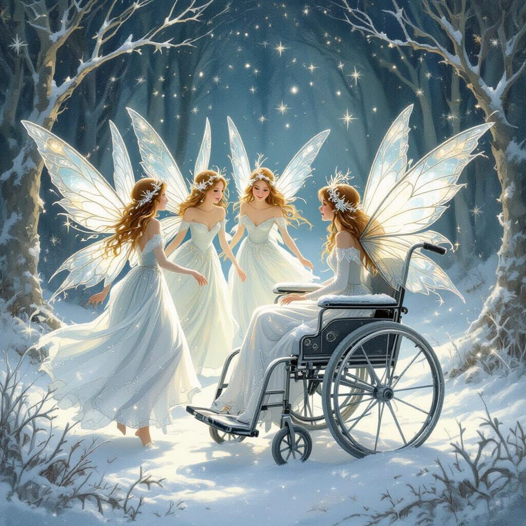 Winter Fairies Dance Around Enchanted Wheelchair