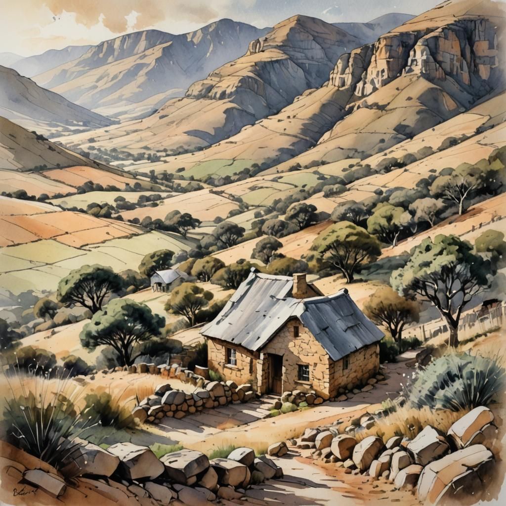 South African Cottage: Pen and Ink Watercolor Landscape
