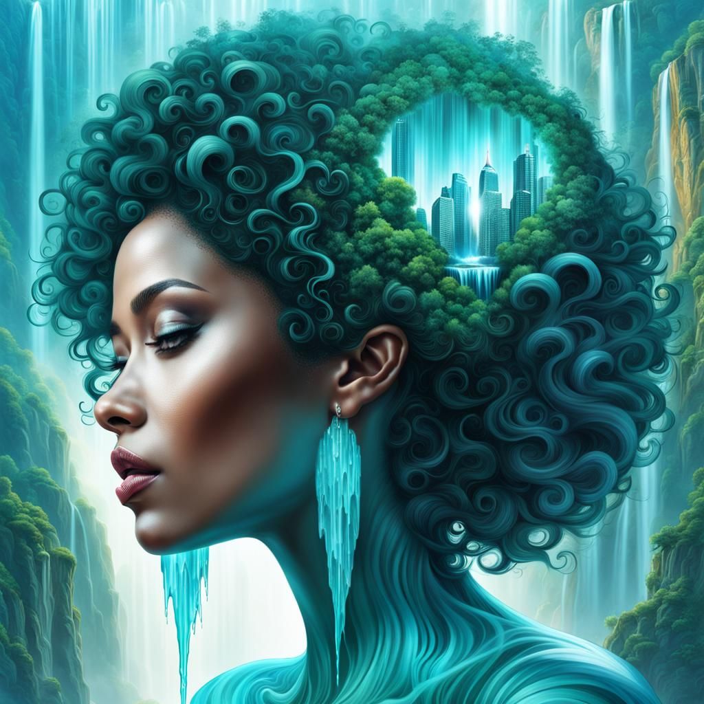 Teal Afro Woman with Waterfall Mindscape
