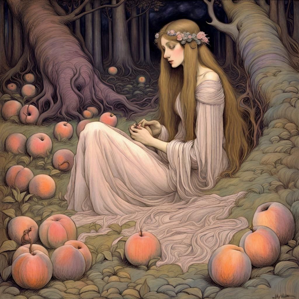 Long-Haired Woman at Goblin Market in Pastel Hues