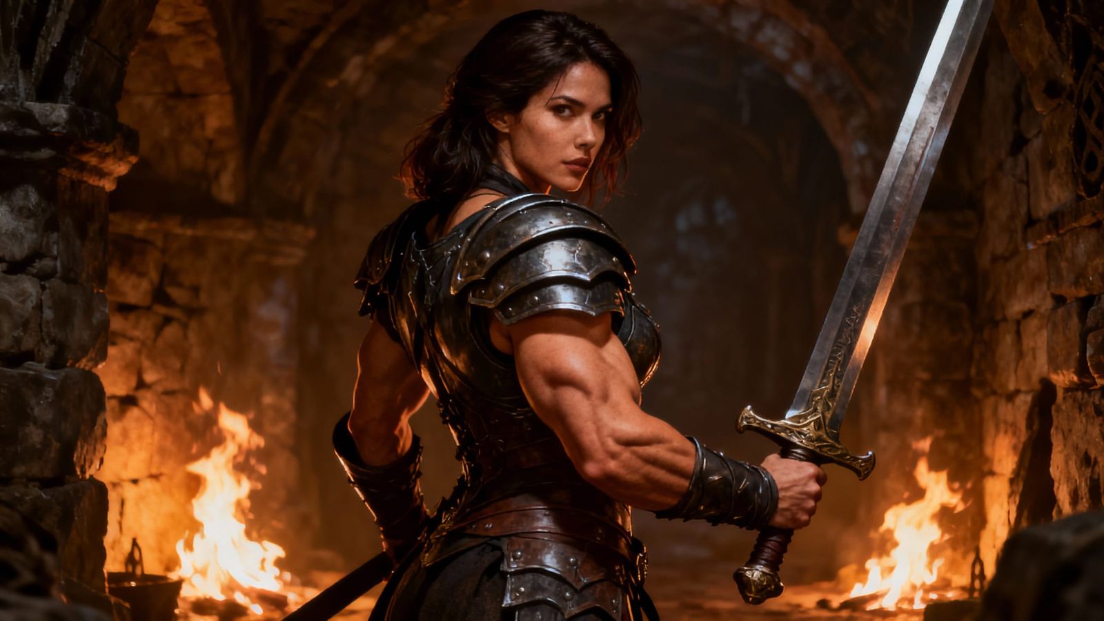 Muscular Female Dungeon Warrior with Sword