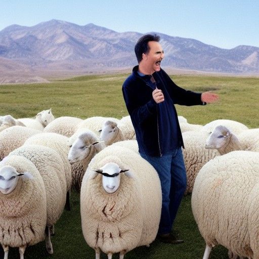 Hyperrealistic Image: Man Laughing at Sheep