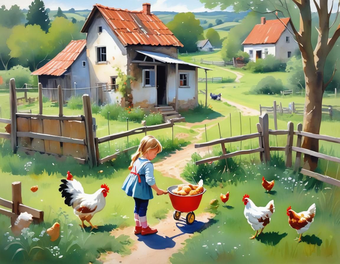 Girl Feeding Chickens: Gouache Countryside Scene