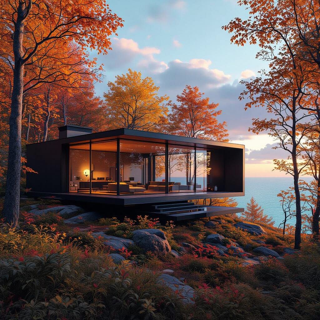 Glass House in Autumn Forest, Hyperrealistic Rendering
