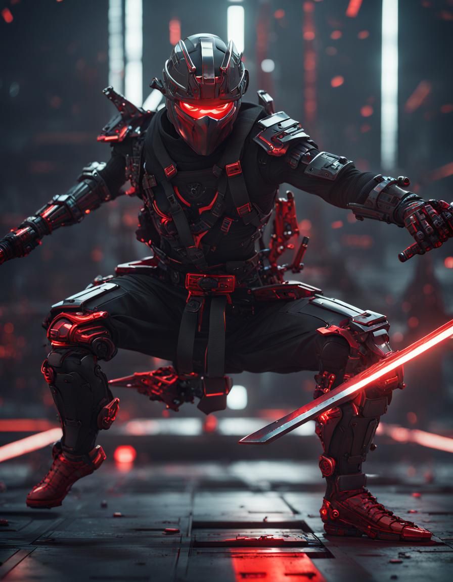 Ninja with Katana Fighting Mech, Sci-Fi Art