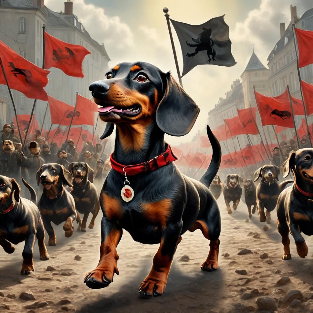 Dachshund Leads Animal Protest: Hyperrealistic Illustration