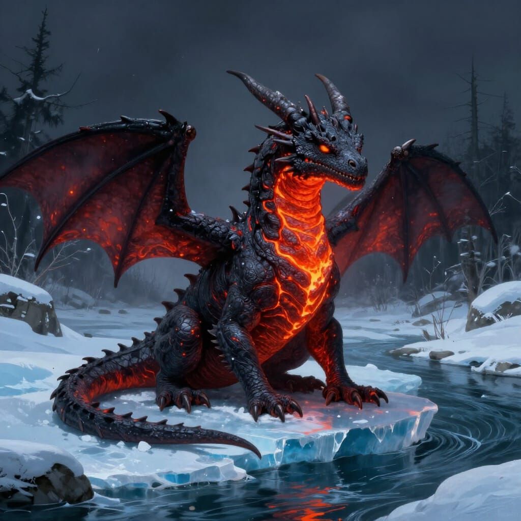 Lava Dragon on Ice in Winter Landscape