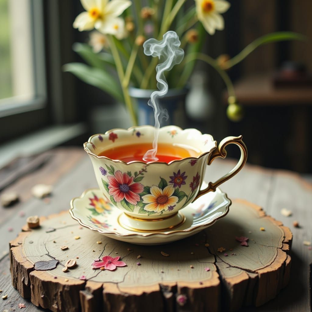 Delicate Teacup Still Life in Beatrix Potter Style