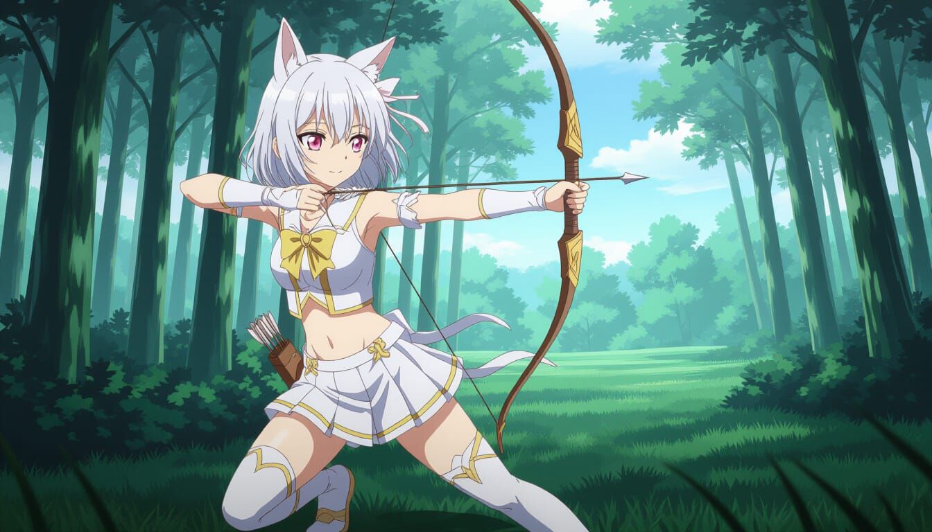 Anime Girl in Misty Forest, Drawing Bow