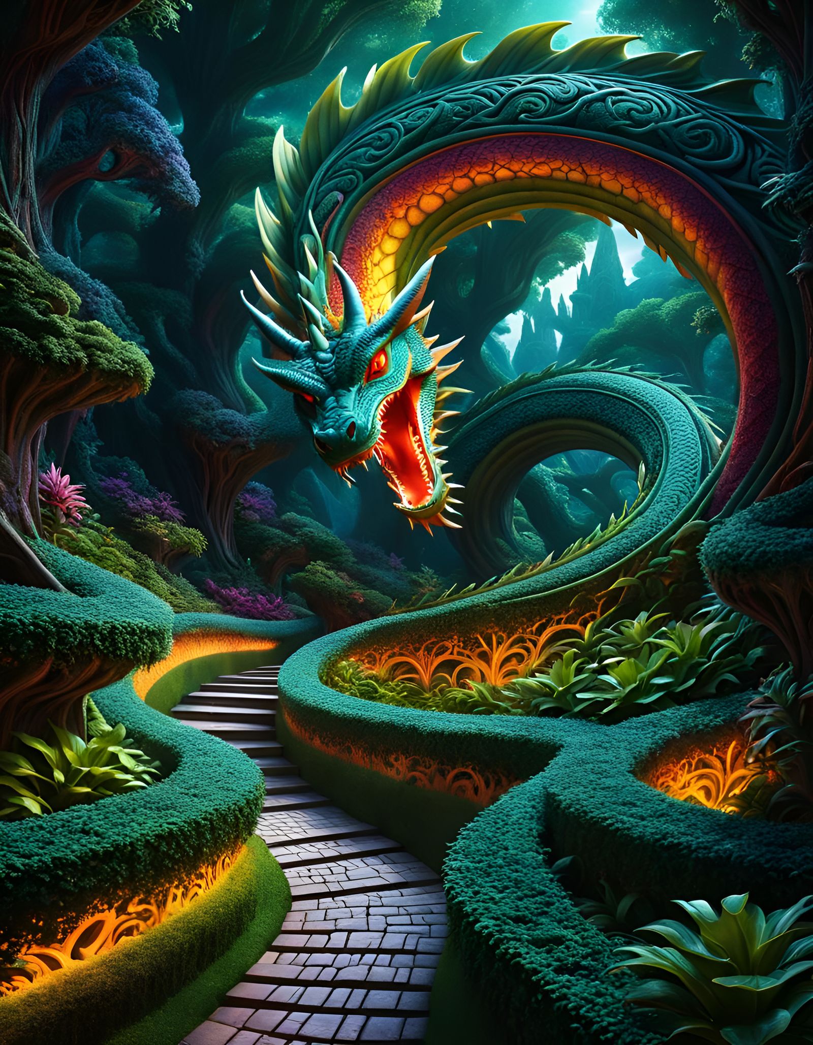 Dragon Maze: Hyperrealistic Fractal Labyrinth in Dark Fantas...