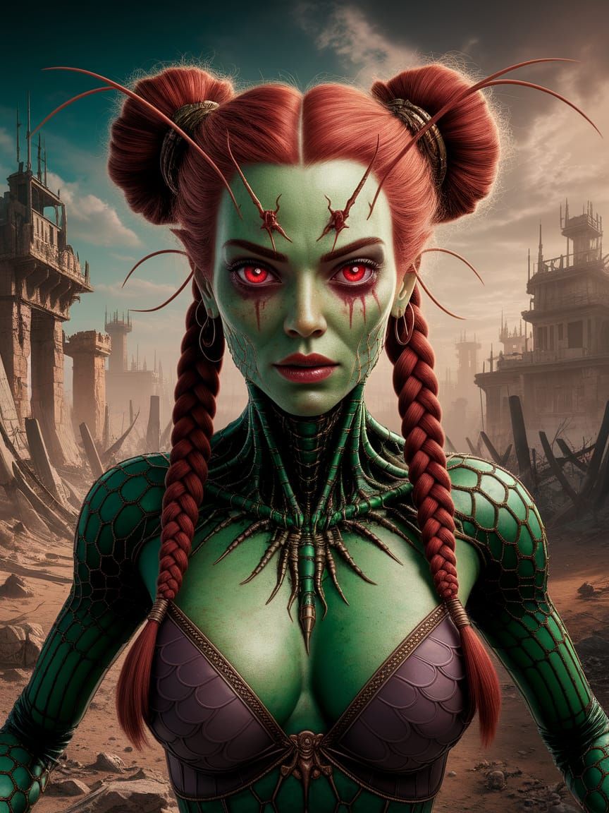 Insectoid Warrior Goddess in Cyberpunk Wasteland