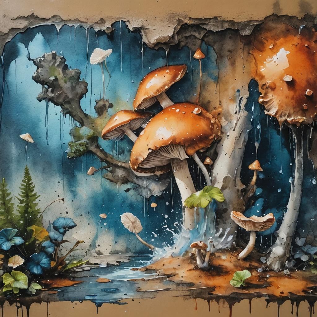 Watercolor Mushrooms Sprouting From Concrete