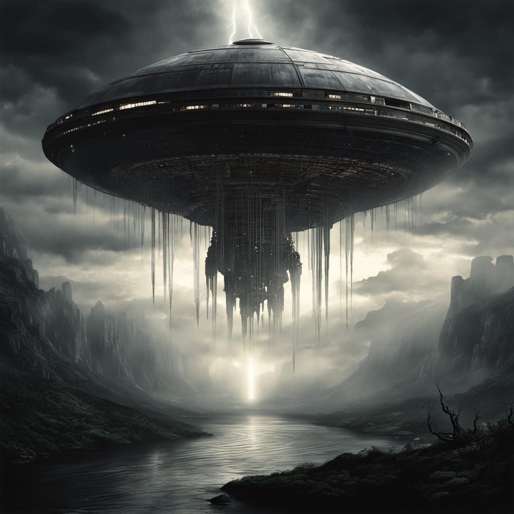 Gigantic Alien Mothership Waterfall in Dark Sky