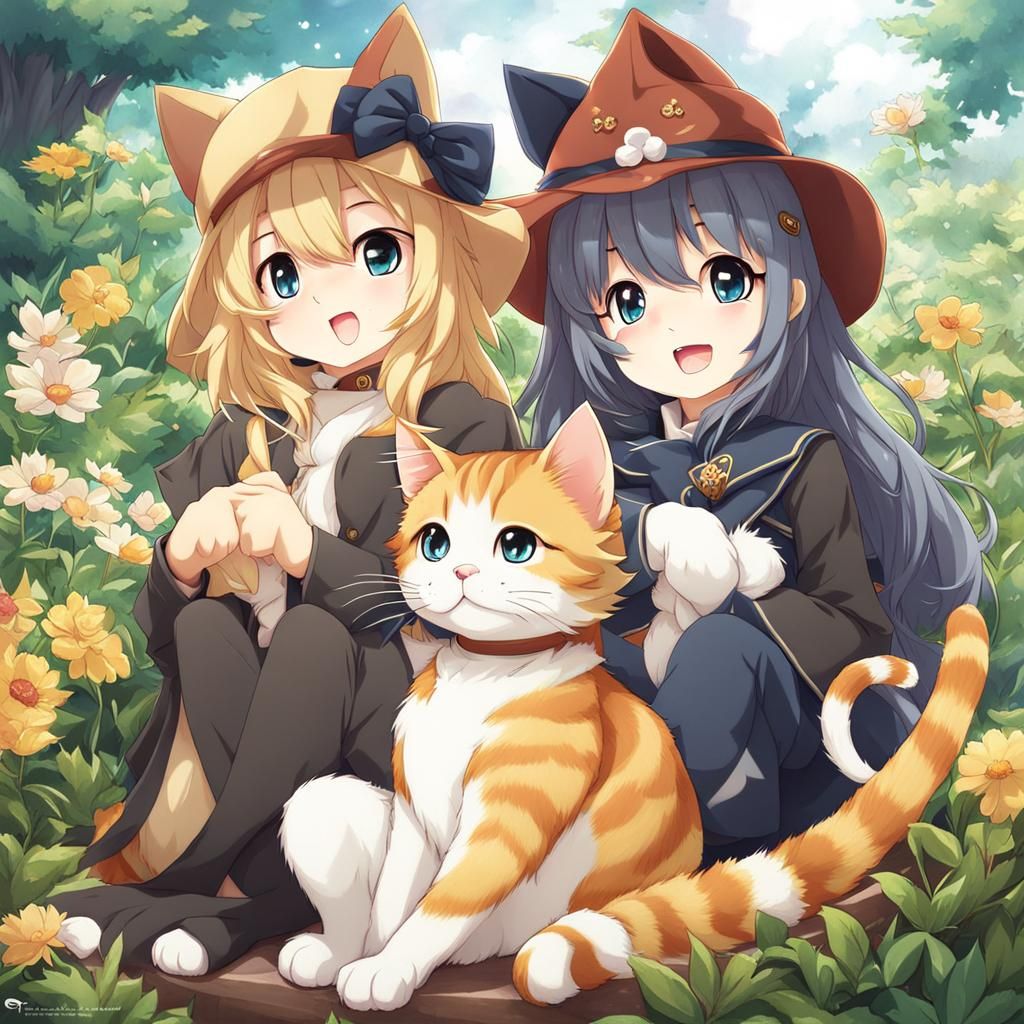 Cute Cats in Anime Style, Digital Manga Art