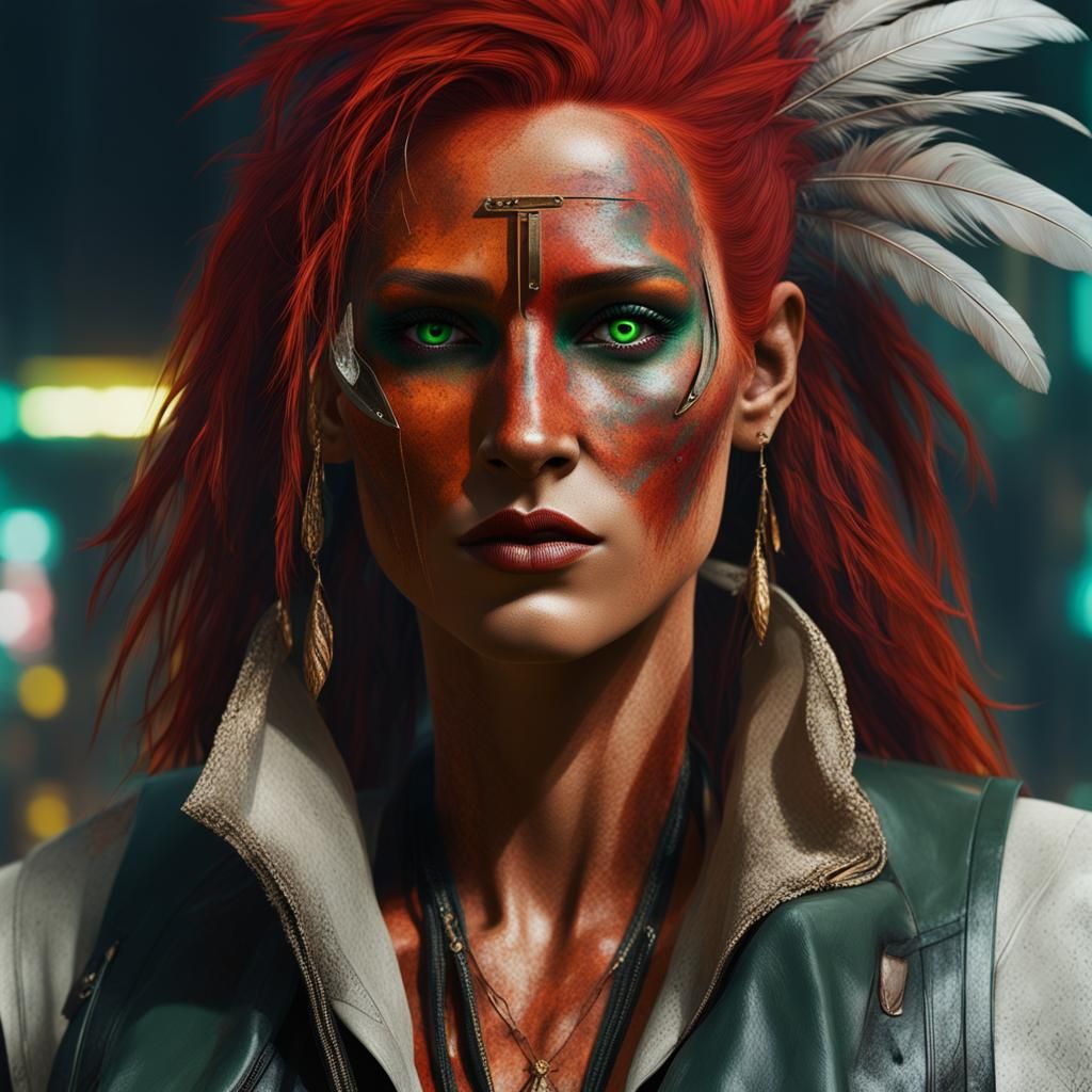 Cyberpunk Redhead with Feathers and Neon