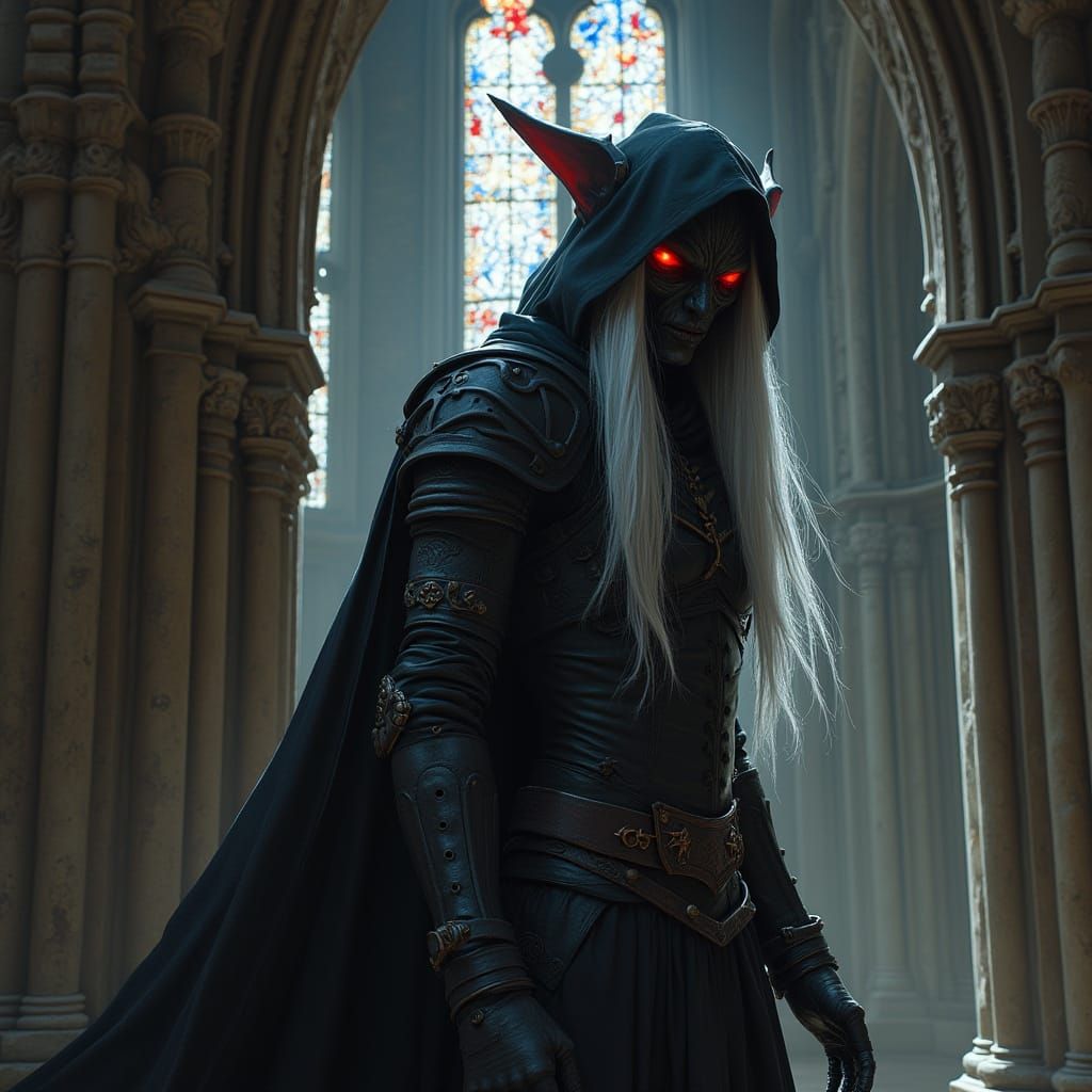 Dark Elf Assassin in Gothic Cathedral Shadows